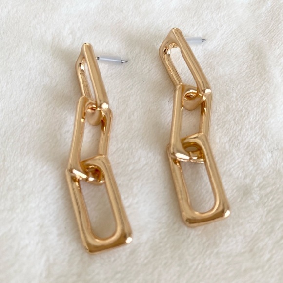 Dangle Chain Triple Link Gold Statement Earrings New - Picture 4 of 7